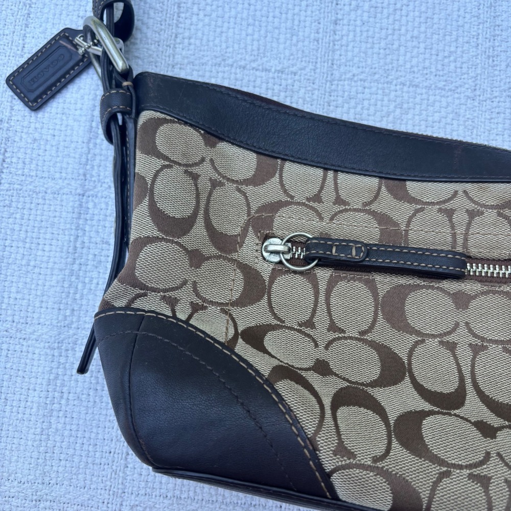 COACH Authentic Y2K Brown Leather Canvas Slouchy Crossbody East West Bag F13012 - Picture 2 of 8